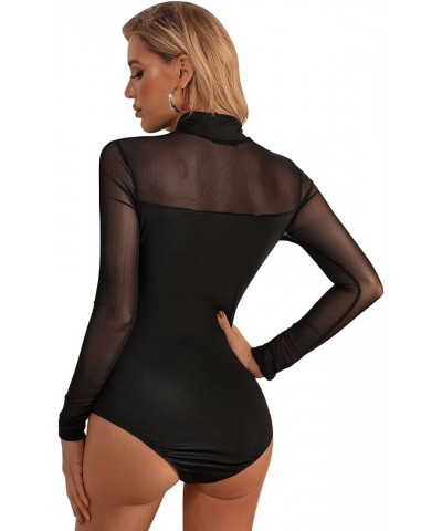 Women's Mock Neck Leopard Long Sleeve Mesh Bodysuit Leotard Pure Black $17.27 Bodysuits