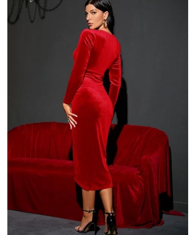 2023 Wrap Ruched Velvet Dress V Neck Short Ruffle Sleeves Long Bodycon Midi Elegant Party Wedding Guest Cocktail Red, Long Sl...