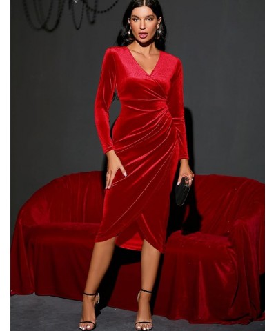 2023 Wrap Ruched Velvet Dress V Neck Short Ruffle Sleeves Long Bodycon Midi Elegant Party Wedding Guest Cocktail Red, Long Sl...