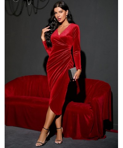 2023 Wrap Ruched Velvet Dress V Neck Short Ruffle Sleeves Long Bodycon Midi Elegant Party Wedding Guest Cocktail Red, Long Sl...