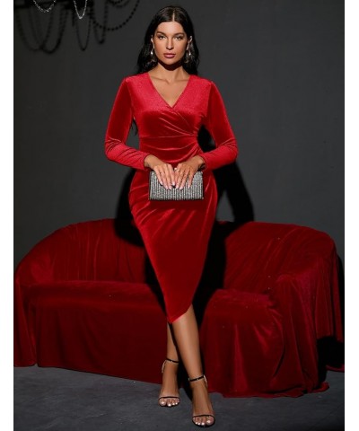 2023 Wrap Ruched Velvet Dress V Neck Short Ruffle Sleeves Long Bodycon Midi Elegant Party Wedding Guest Cocktail Red, Long Sl...