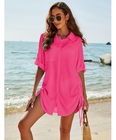 Womens Bathing Suit Cover Ups Bikini Swimsuit Coverup Drawstring Button Down Beach Dress Shirt Rose Red $15.40 Swimsuits