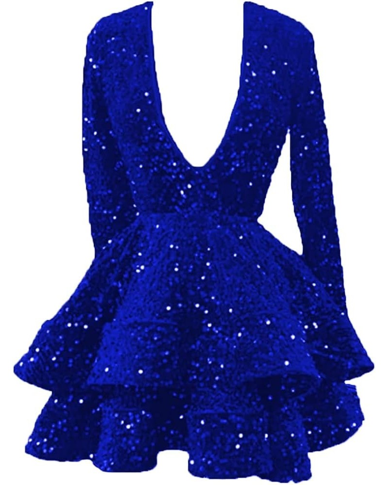 Long Sleeve Homecoming Dresses for Teens Sparkly Sequin V Neck Tiered Puffy Short Prom Dresses Royal Blue $34.49 Dresses