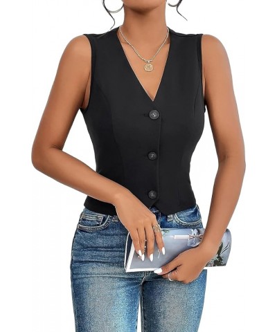 Sleeveless Blazer Vest For Women V-Neck Button Front Lightweight Solid 2024 Spring Summer Casual Office Vests Black $17.91 Vests