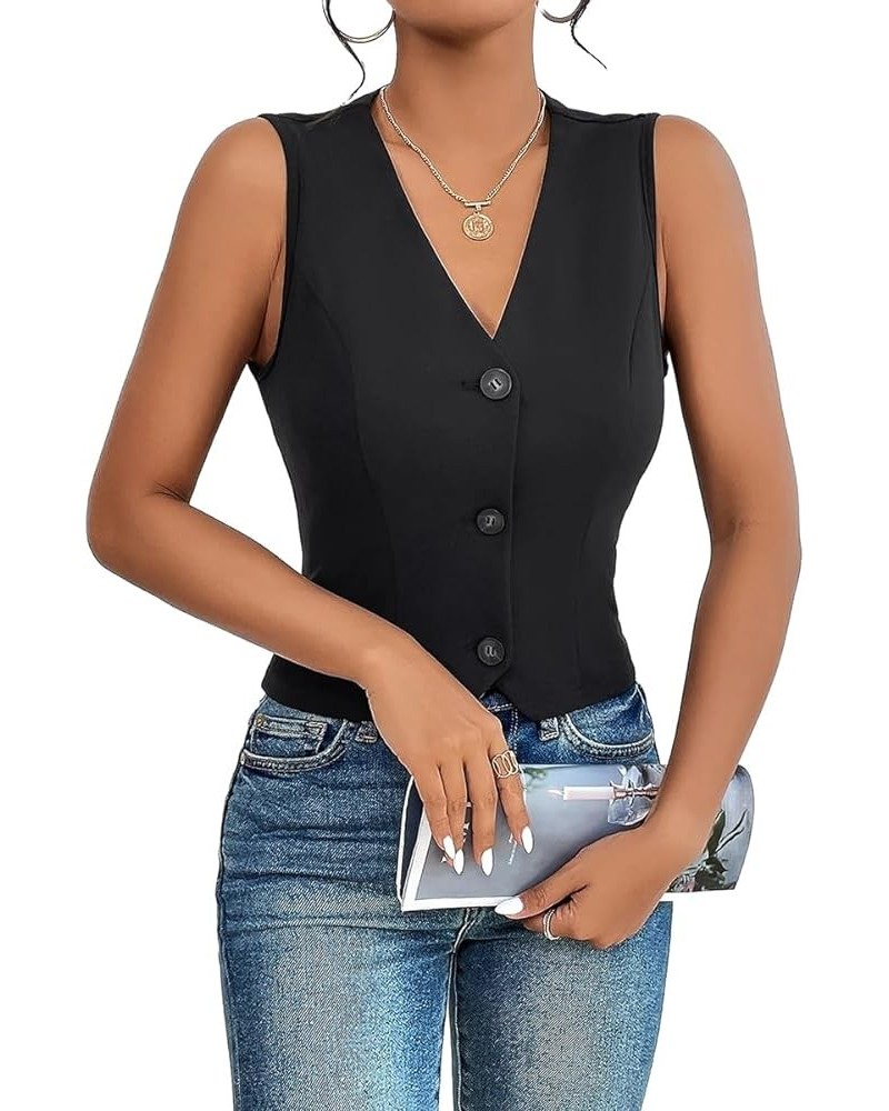 Sleeveless Blazer Vest For Women V-Neck Button Front Lightweight Solid 2024 Spring Summer Casual Office Vests Black $17.91 Vests