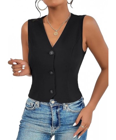 Sleeveless Blazer Vest For Women V-Neck Button Front Lightweight Solid 2024 Spring Summer Casual Office Vests Black $17.91 Vests