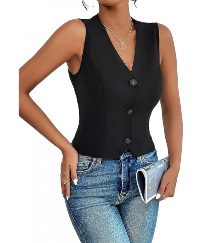 Sleeveless Blazer Vest For Women V-Neck Button Front Lightweight Solid 2024 Spring Summer Casual Office Vests Black $17.91 Vests