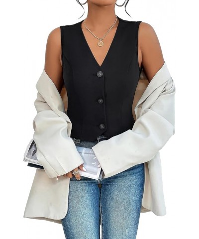 Sleeveless Blazer Vest For Women V-Neck Button Front Lightweight Solid 2024 Spring Summer Casual Office Vests Black $17.91 Vests