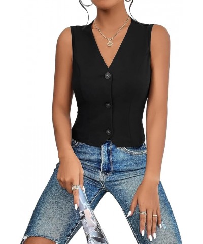 Sleeveless Blazer Vest For Women V-Neck Button Front Lightweight Solid 2024 Spring Summer Casual Office Vests Black $17.91 Vests