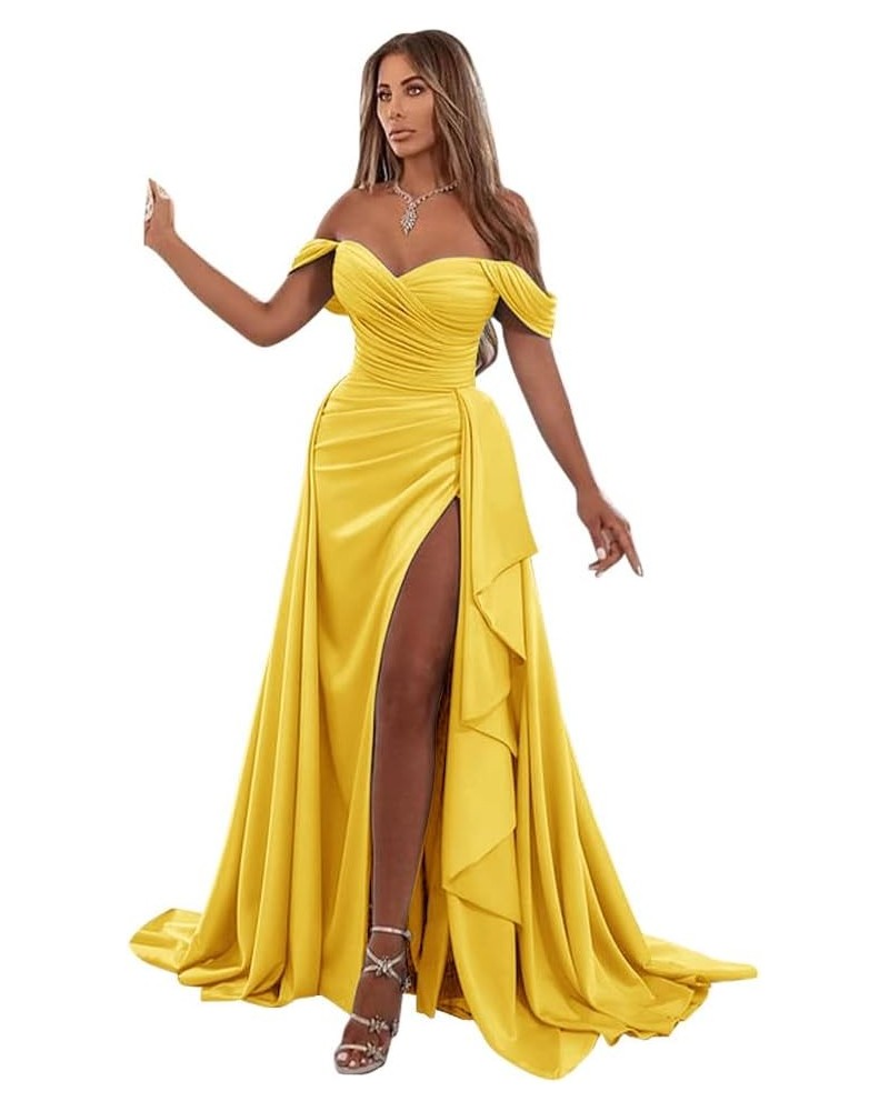 Off Shoulder Prom Dresses Ruched Homecoming Dress Mermaid Slit Formal Evening Gowns for Women Dark Gold $44.75 Dresses