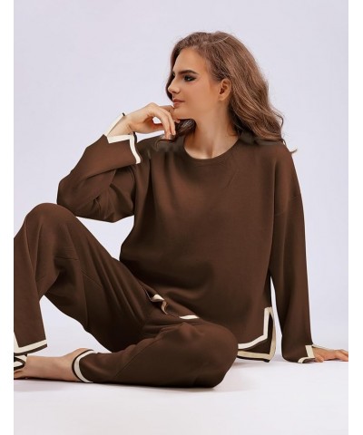 Women's Two Piece Knit Sets Sweater Pullover Tops High Waist Wide Leg Pants Tracksuit Set Coffee $17.60 Activewear