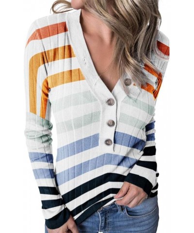 Women's 2023 Long Sleeve V Neck Ribbed Button Knit Sweater Solid Color Tops B-stripe Navy $22.95 Sweaters