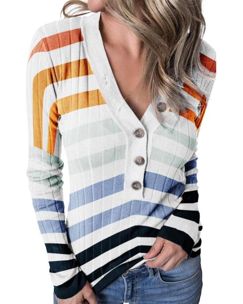 Women's 2023 Long Sleeve V Neck Ribbed Button Knit Sweater Solid Color Tops B-stripe Navy $22.95 Sweaters