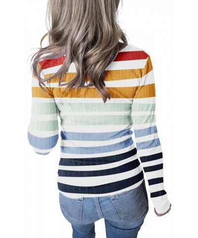 Women's 2023 Long Sleeve V Neck Ribbed Button Knit Sweater Solid Color Tops B-stripe Navy $22.95 Sweaters