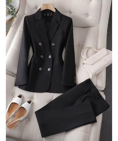 Women's Suits Set 2 Piece Double Breasted Notched Office Lady Business Blazer Pant B-black $45.85 Suits