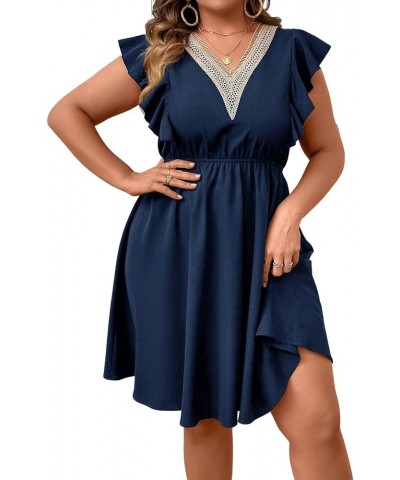 Women's Plus Size Contrast Lace V Neck Ruffle Cap Sleeve A Line Short Dress Navy Blue $17.86 Dresses