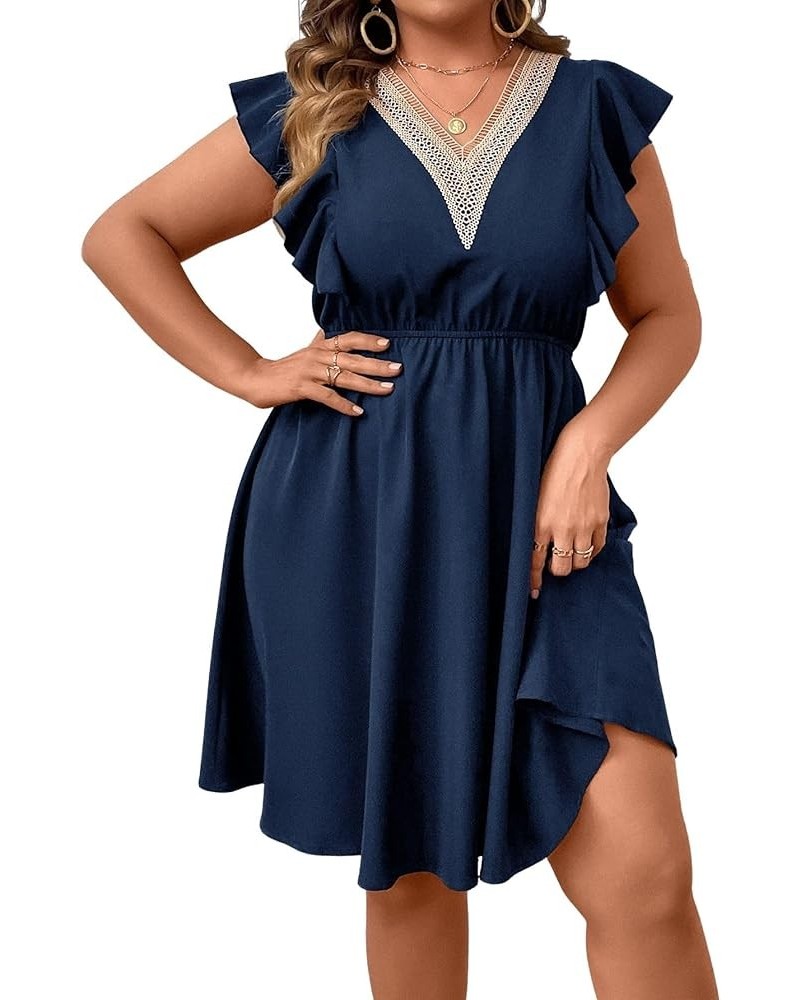 Women's Plus Size Contrast Lace V Neck Ruffle Cap Sleeve A Line Short Dress Navy Blue $17.86 Dresses