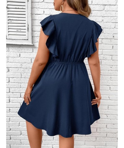 Women's Plus Size Contrast Lace V Neck Ruffle Cap Sleeve A Line Short Dress Navy Blue $17.86 Dresses