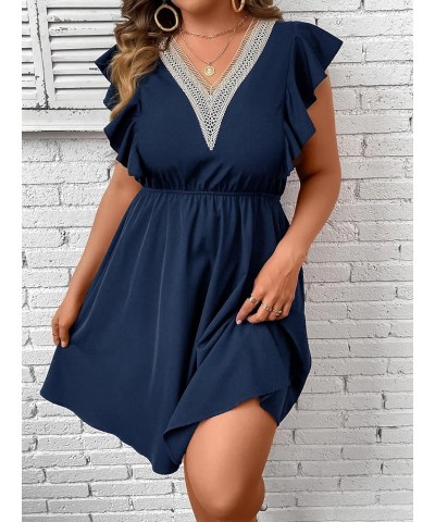 Women's Plus Size Contrast Lace V Neck Ruffle Cap Sleeve A Line Short Dress Navy Blue $17.86 Dresses