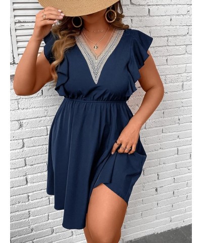 Women's Plus Size Contrast Lace V Neck Ruffle Cap Sleeve A Line Short Dress Navy Blue $17.86 Dresses