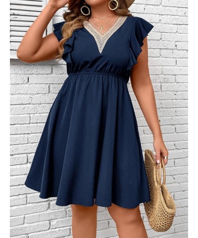 Women's Plus Size Contrast Lace V Neck Ruffle Cap Sleeve A Line Short Dress Navy Blue $17.86 Dresses