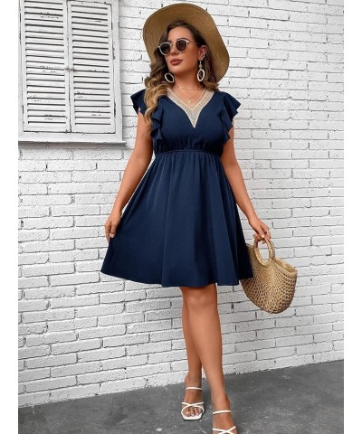 Women's Plus Size Contrast Lace V Neck Ruffle Cap Sleeve A Line Short Dress Navy Blue $17.86 Dresses