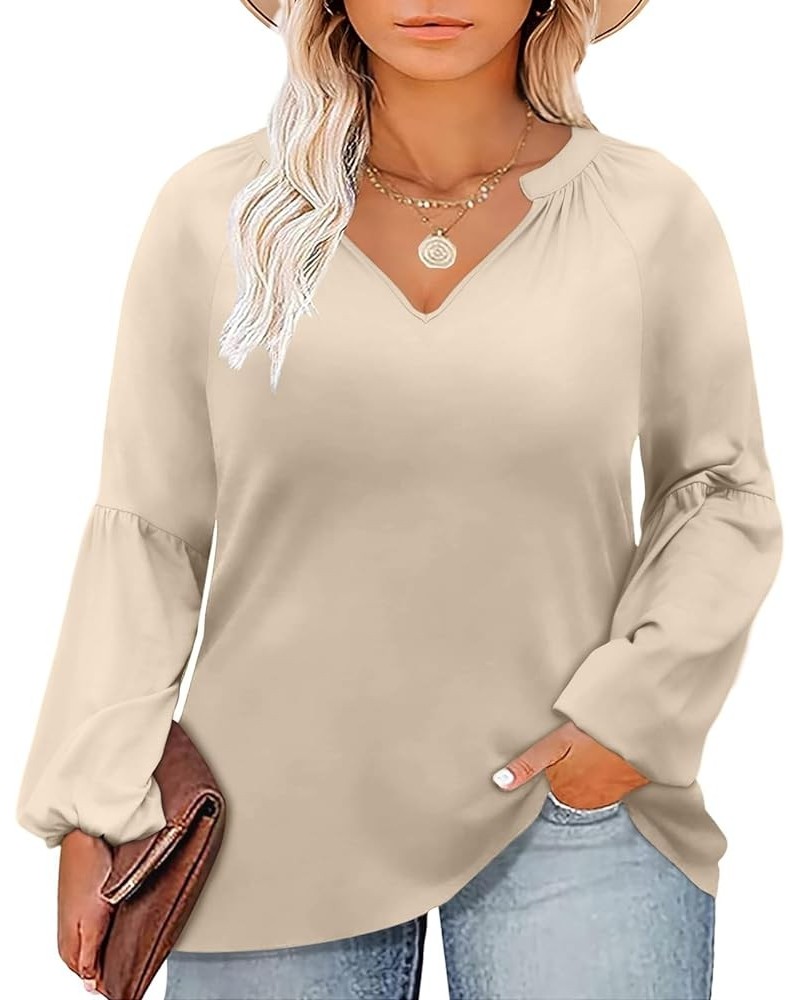 Women's V Neck Lantern Long Sleeve Shirts Plus Size Tops Smocked Cuffs Loose Casual Blouse, 1X-5X A-apricot $8.24 Blouses