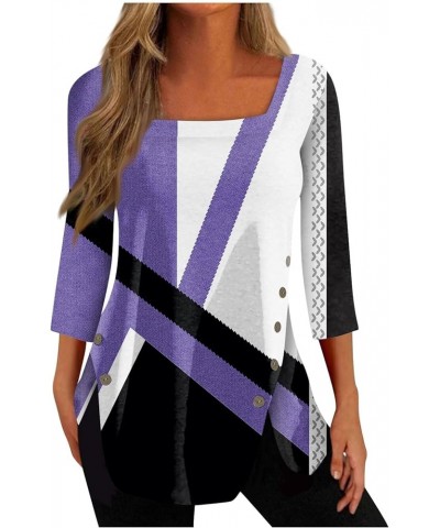 3/4 Length Sleeve Womens Tops Summer Trendy Square Neck Plus Size Oversized Graphic Sexy Cute Dressy Casual Blouses 02-purple...