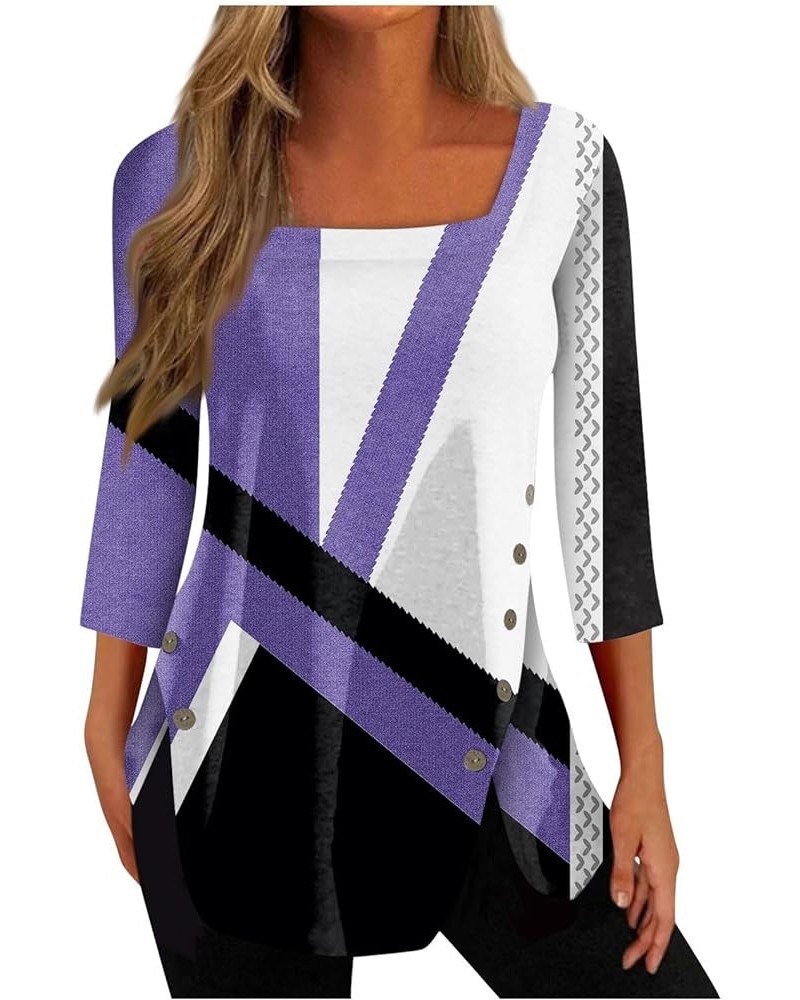 3/4 Length Sleeve Womens Tops Summer Trendy Square Neck Plus Size Oversized Graphic Sexy Cute Dressy Casual Blouses 02-purple...