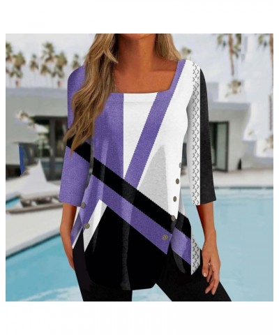 3/4 Length Sleeve Womens Tops Summer Trendy Square Neck Plus Size Oversized Graphic Sexy Cute Dressy Casual Blouses 02-purple...