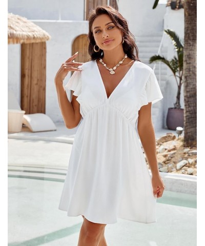 Women's Bathing Suit Cover Ups Ruffle Swimsuit Coverups V Neck Swimwear Cover Ups Bikini Beach Dress A-Solid Color White043 $...