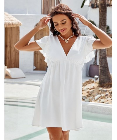 Women's Bathing Suit Cover Ups Ruffle Swimsuit Coverups V Neck Swimwear Cover Ups Bikini Beach Dress A-Solid Color White043 $...