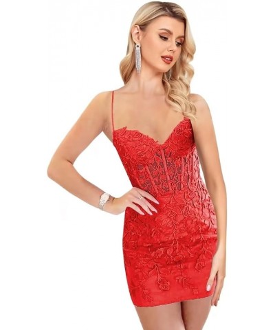 Spaghetti Straps Lace Homecoming Dresses Tight Sweetheart Mermaid Mini Short Sparkly Prom Dress for Teens 2024 Red $37.74 Dre...