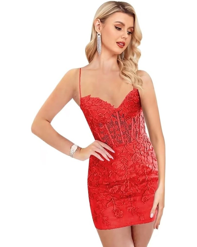 Spaghetti Straps Lace Homecoming Dresses Tight Sweetheart Mermaid Mini Short Sparkly Prom Dress for Teens 2024 Red $37.74 Dre...