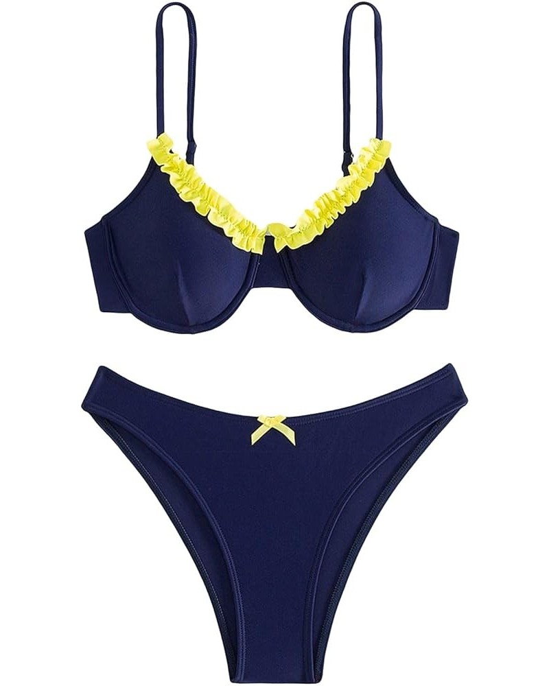 Women's Floral Frill Trim Underwire High Cut Two Piece Bikini Swimsuit Navy Blue Yellow $16.32 Swimsuits