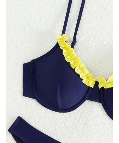 Women's Floral Frill Trim Underwire High Cut Two Piece Bikini Swimsuit Navy Blue Yellow $16.32 Swimsuits