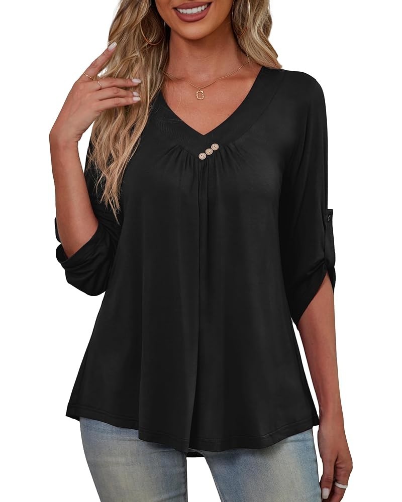 Womens Plus Size 3/4 Roll Sleeve Blouses V Neck Casual Tunic Tops Black $12.15 Tops