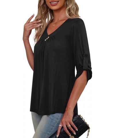 Womens Plus Size 3/4 Roll Sleeve Blouses V Neck Casual Tunic Tops Black $12.15 Tops