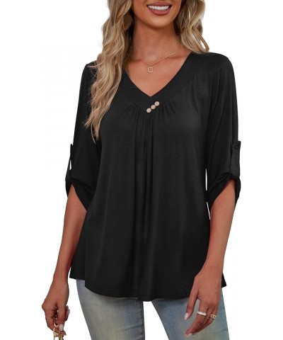 Womens Plus Size 3/4 Roll Sleeve Blouses V Neck Casual Tunic Tops Black $12.15 Tops