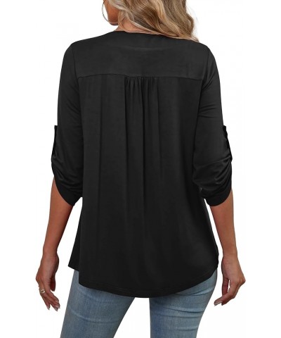 Womens Plus Size 3/4 Roll Sleeve Blouses V Neck Casual Tunic Tops Black $12.15 Tops