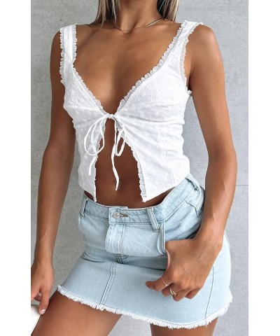 Women Y2k Strappy Lace Tank Tops Corset Trim Tie Front Camisole Crop Top Vintage Sexy Sleeveless Backless Shirt White Lace-7 ...