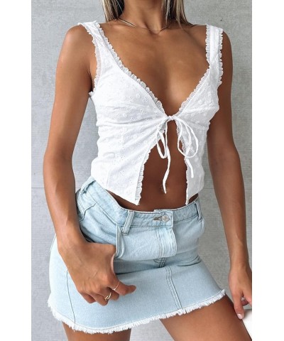 Women Y2k Strappy Lace Tank Tops Corset Trim Tie Front Camisole Crop Top Vintage Sexy Sleeveless Backless Shirt White Lace-7 ...