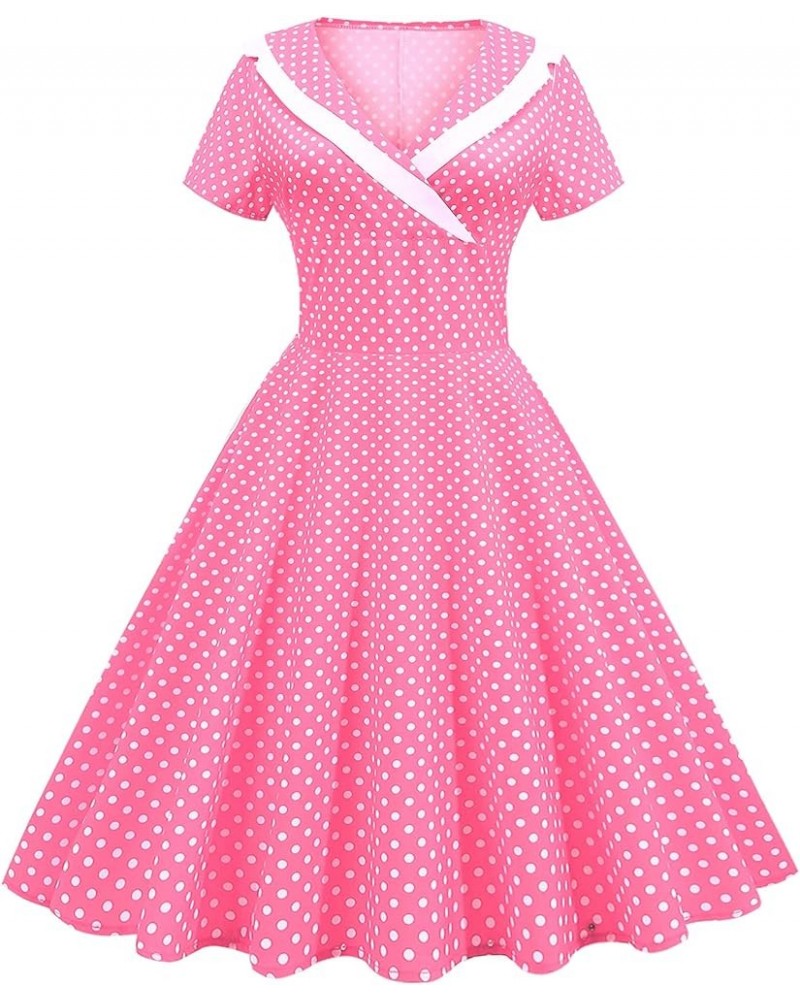 Women Notch Lapel 50s 60s Vintage Short Sleeve V-Neck Cocktail Swing Dress Polka Dot 1950s Rockabilly Prom Party Midi Dress P...