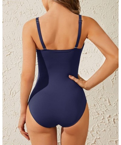 Women One Piece Swimsuit Tummy Control Vintage Bathing Suit Ruched Swimwear Navy Blue $17.76 Swimsuits