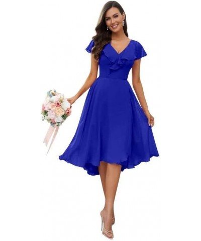 Women's Bridesmaid Dresses Short Sleeve Pleated Short Formal Dresses with Slit V Neck Chiffon Evening Gowns Royal Blue $30.59...