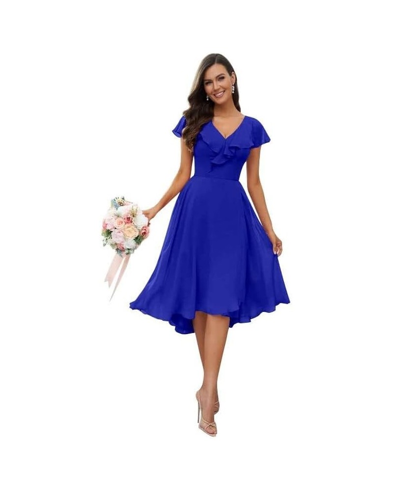 Women's Bridesmaid Dresses Short Sleeve Pleated Short Formal Dresses with Slit V Neck Chiffon Evening Gowns Royal Blue $30.59...