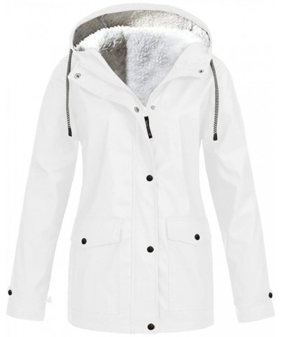 Womens Fleece Lined Rain Jackets With Hood Waterproof Lightweight Rain Coats Plus Size Outdoor Trench Coat Outerwear White $1...