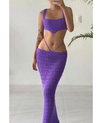 Women Sexy 2 Piece Skirt Set Sleeveless Crop Camis Top Split Maxi Midi Skirts Outfit Y2k Trendy Beach Wear A-purple $17.84 Suits