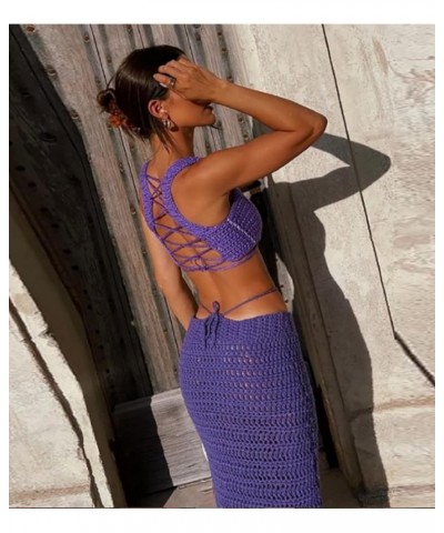 Women Sexy 2 Piece Skirt Set Sleeveless Crop Camis Top Split Maxi Midi Skirts Outfit Y2k Trendy Beach Wear A-purple $17.84 Suits