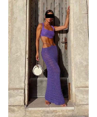 Women Sexy 2 Piece Skirt Set Sleeveless Crop Camis Top Split Maxi Midi Skirts Outfit Y2k Trendy Beach Wear A-purple $17.84 Suits